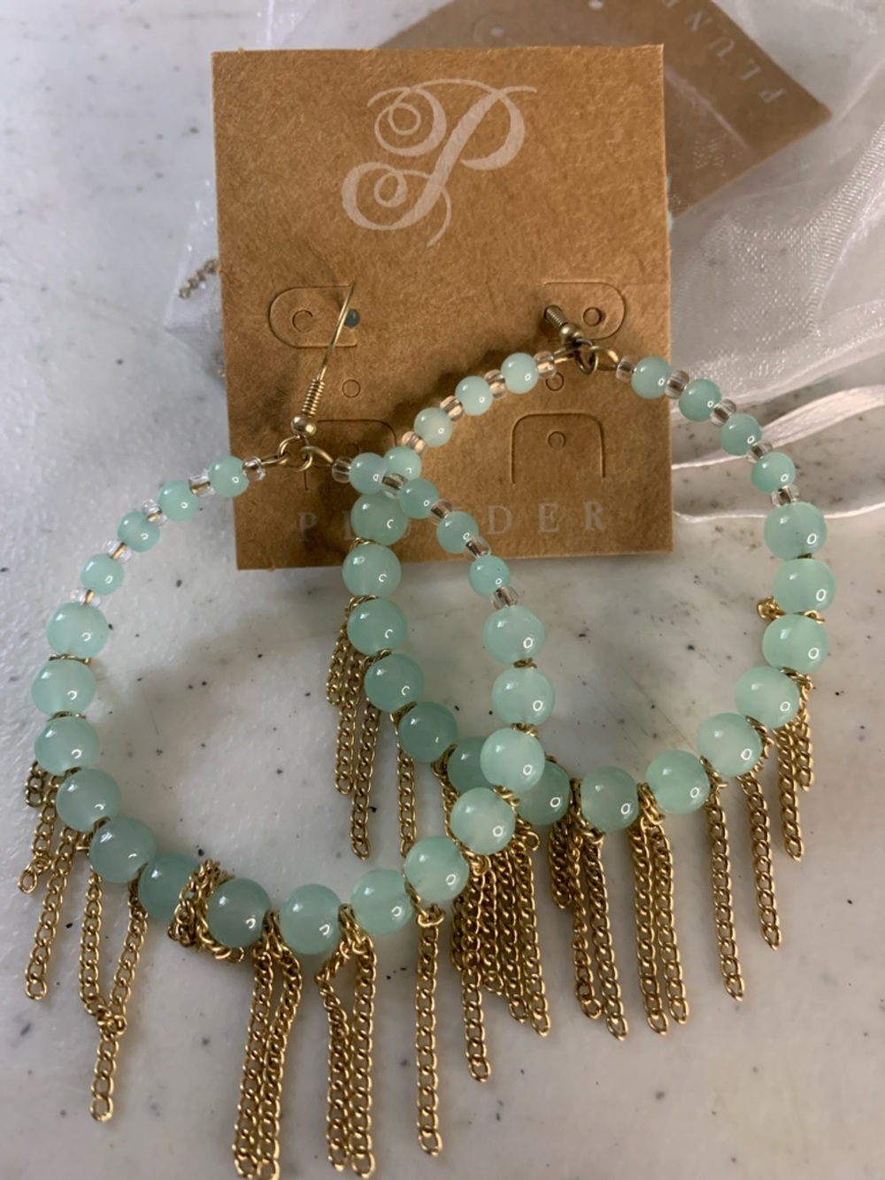 Plunder Mint Green Beaded Hoop Earrings with Gold Fringe Set of 2
